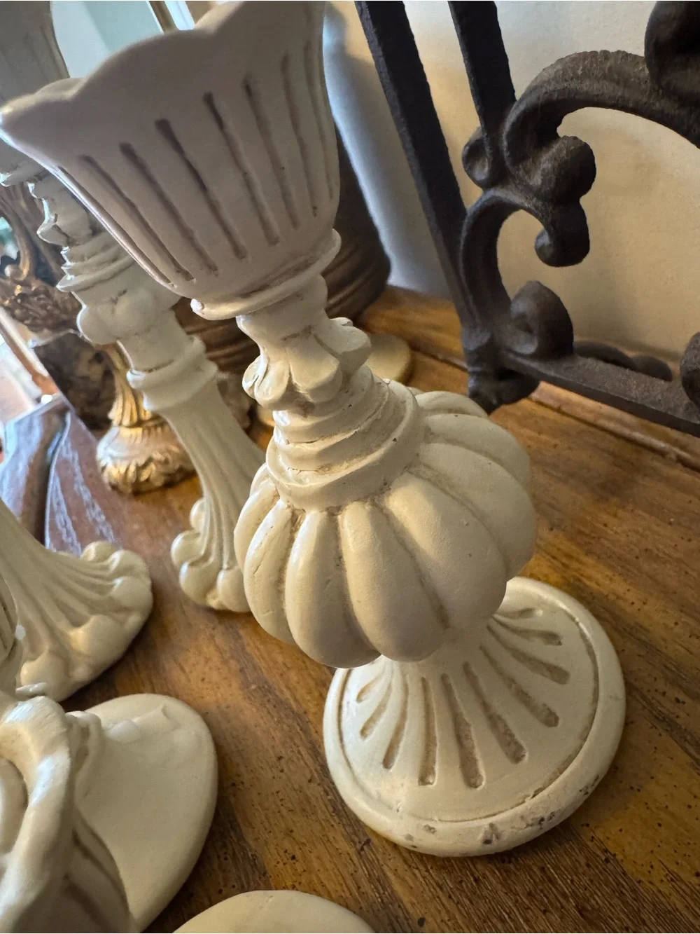 5 Shabby Chic Cream Resin Candlestick Holders French Country Set 1990s Vignette